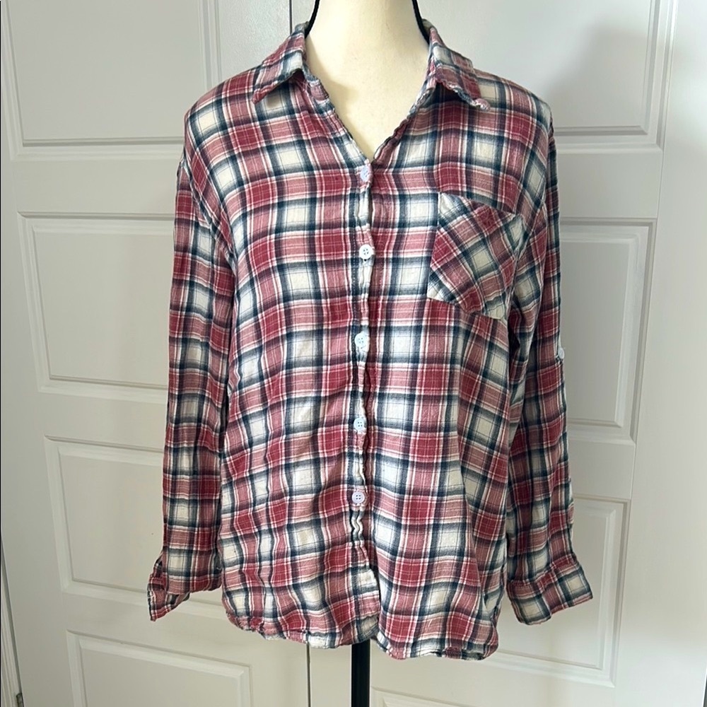 Red Plaid Long Sleeve Button Down Shirt Single Pocket Fall Autumn 🍂 Thanksgiving